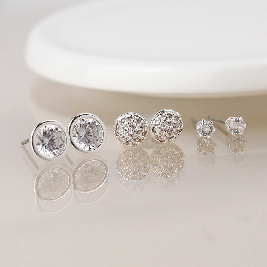 Silver Plated Triple Round Crystal Stud Earring Set