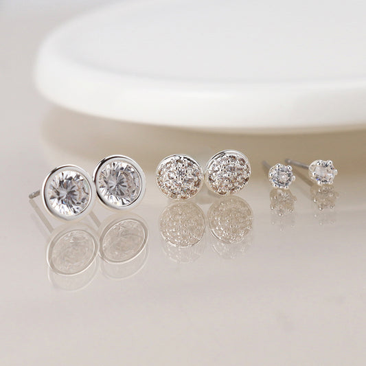 Silver Plated Triple Round Crystal Stud Earring Set