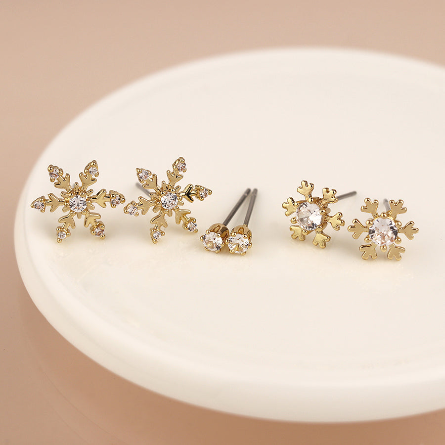 Faux Gold Plated Triple Snowflake Crystal Stud Earring Set