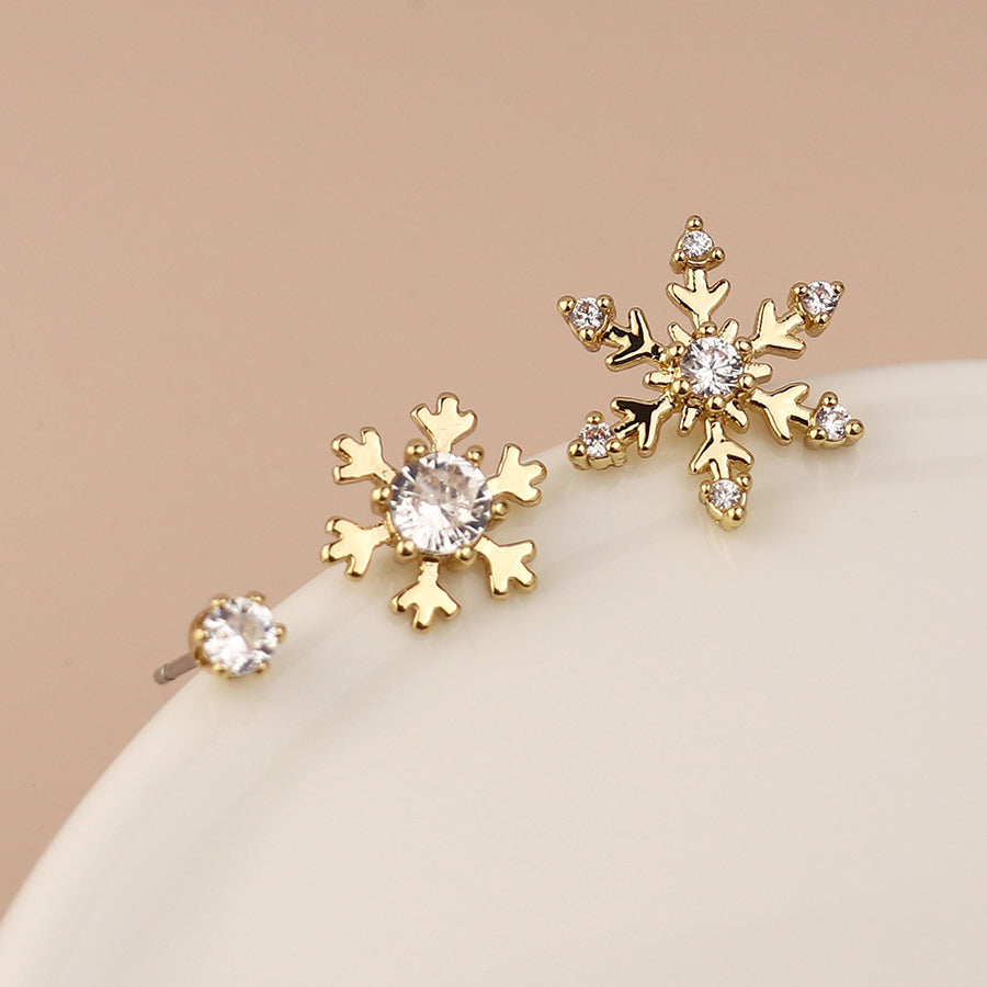 Faux Gold Plated Triple Snowflake Crystal Stud Earring Set
