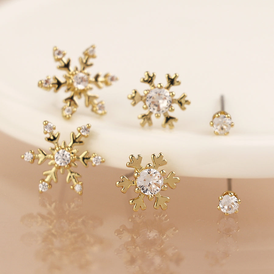 Faux Gold Plated Triple Snowflake Crystal Stud Earring Set