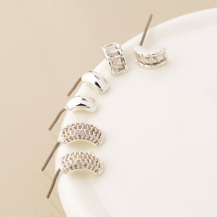 Silver Plated Triple Curve Crystal Stud Earring Set