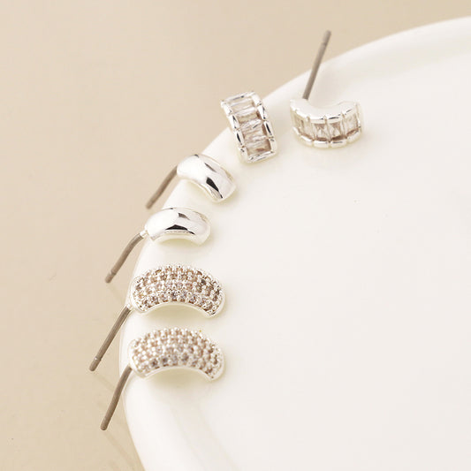 Silver Plated Triple Curve Crystal Stud Earring Set