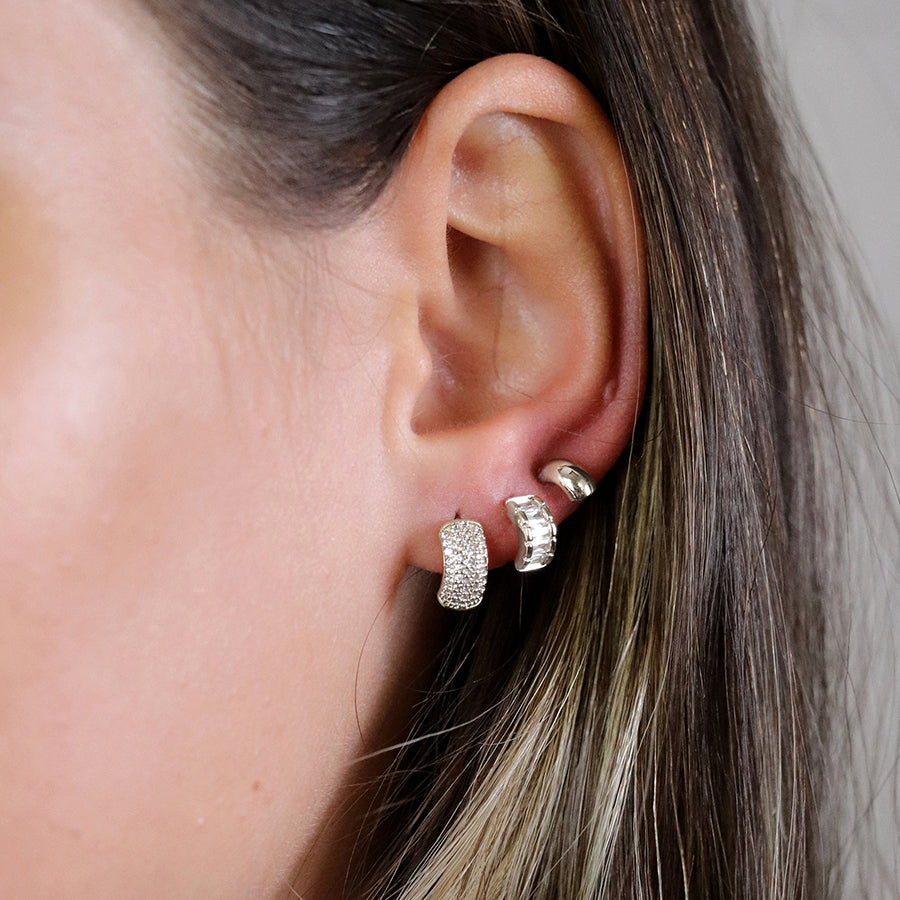 Silver Plated Triple Curve Crystal Stud Earring Set