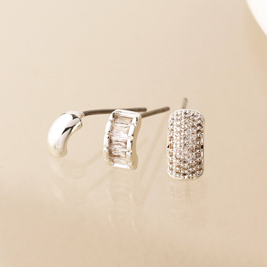 Silver Plated Triple Curve Crystal Stud Earring Set