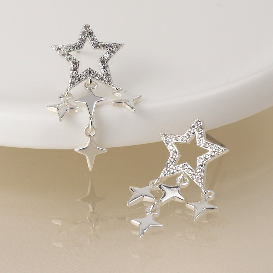 Silver Plated Crystal Star and Star Drop Earrings