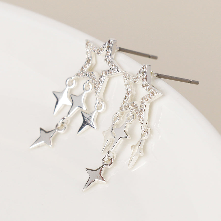 Silver Plated Crystal Star and Star Drop Earrings