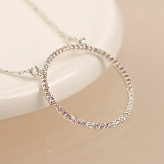 Silver Plated Pave Crystal Hoop Pendant Necklace