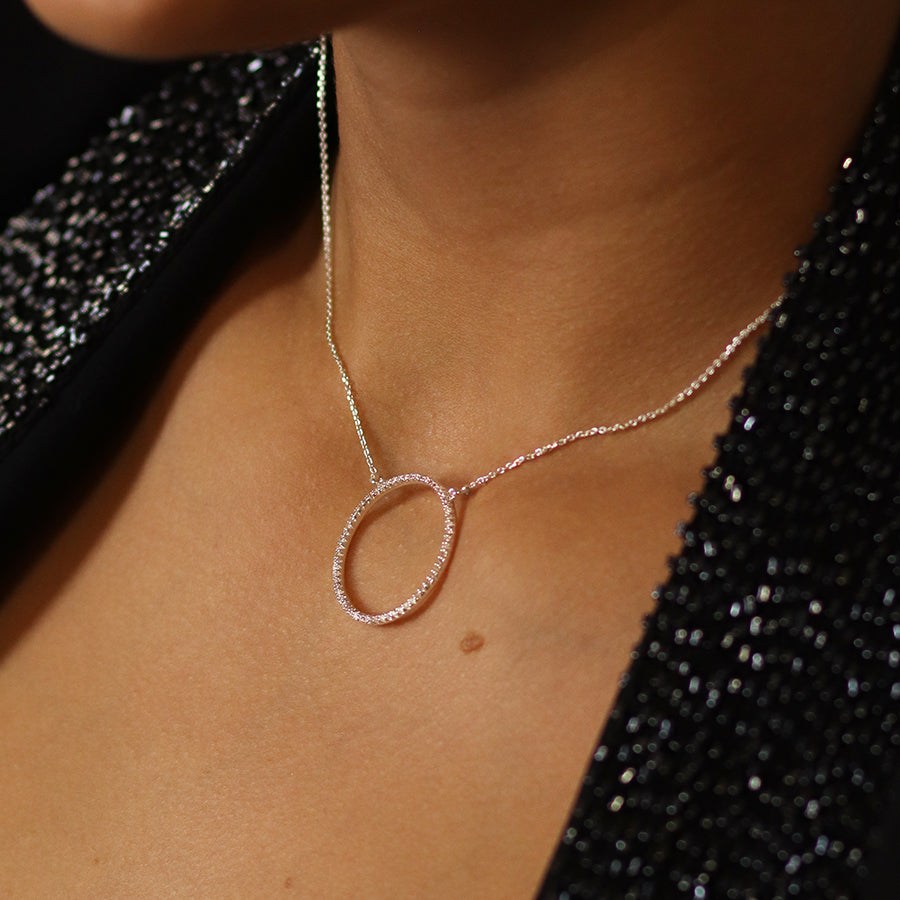 Silver Plated Pave Crystal Hoop Pendant Necklace