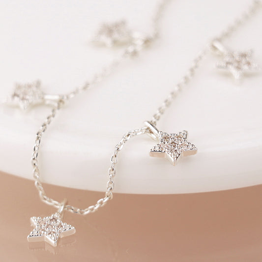 Silver Plated Crystal Star Drops Necklace – Delicate Five-Star Design