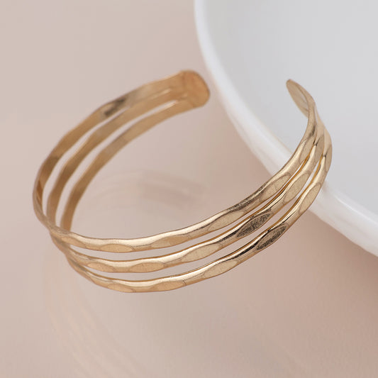 Gold Plated Worn Hammered Triple Strand Bangle