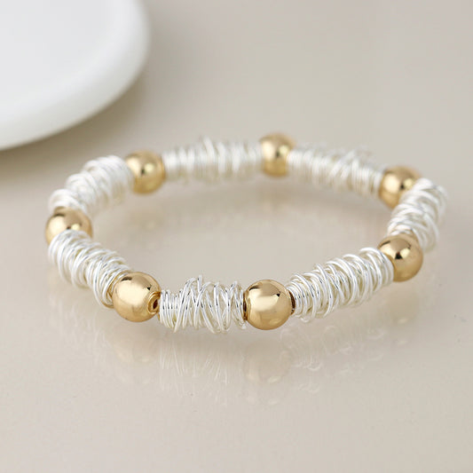 Silver Plated Spun Yarn & Gold Bead Stretch Bracelet