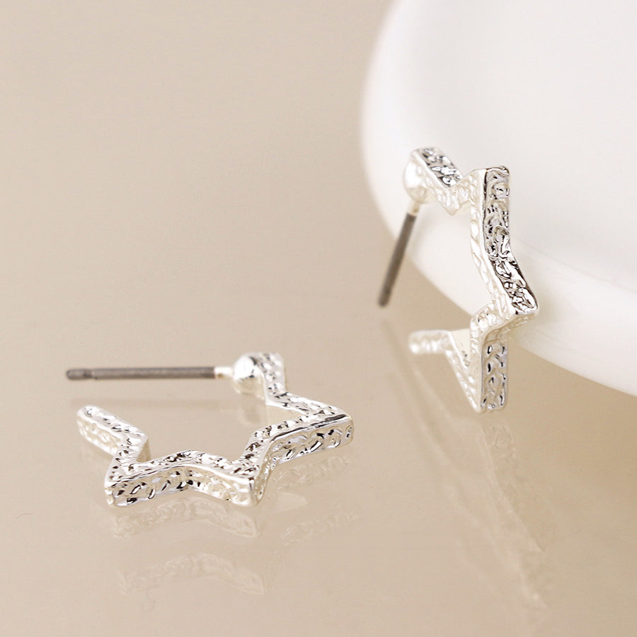 Silver Plated Textured Star Hoop Earrings