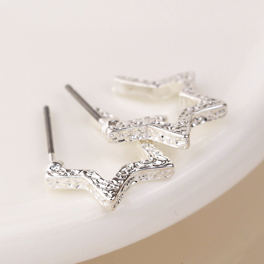 Silver Plated Textured Star Hoop Earrings