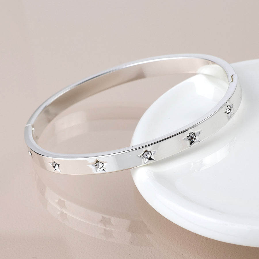 Silver Plated Crystal Star Hinged Bangle