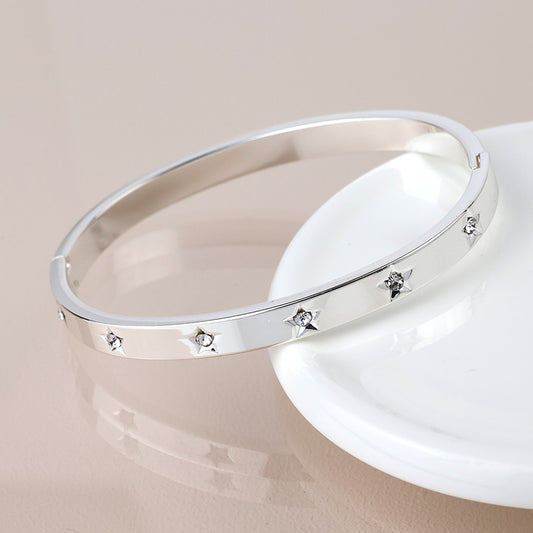 Silver Plated Crystal Star Hinged Bangle