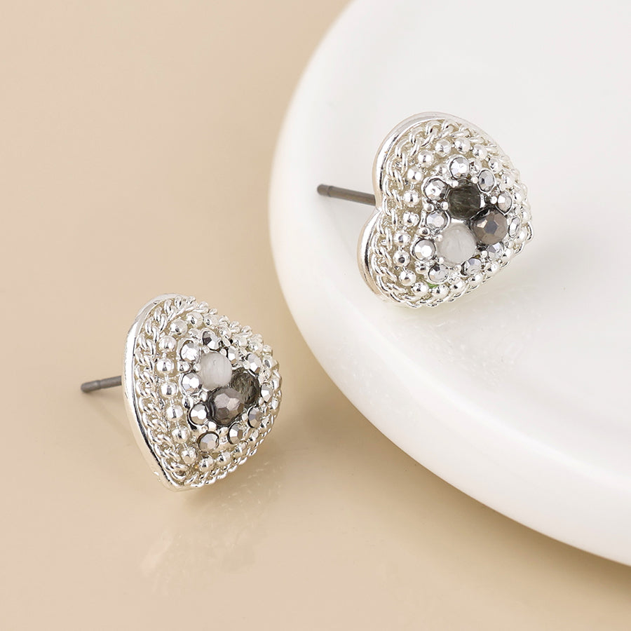 Clara silver plated and grey heart stud earrings