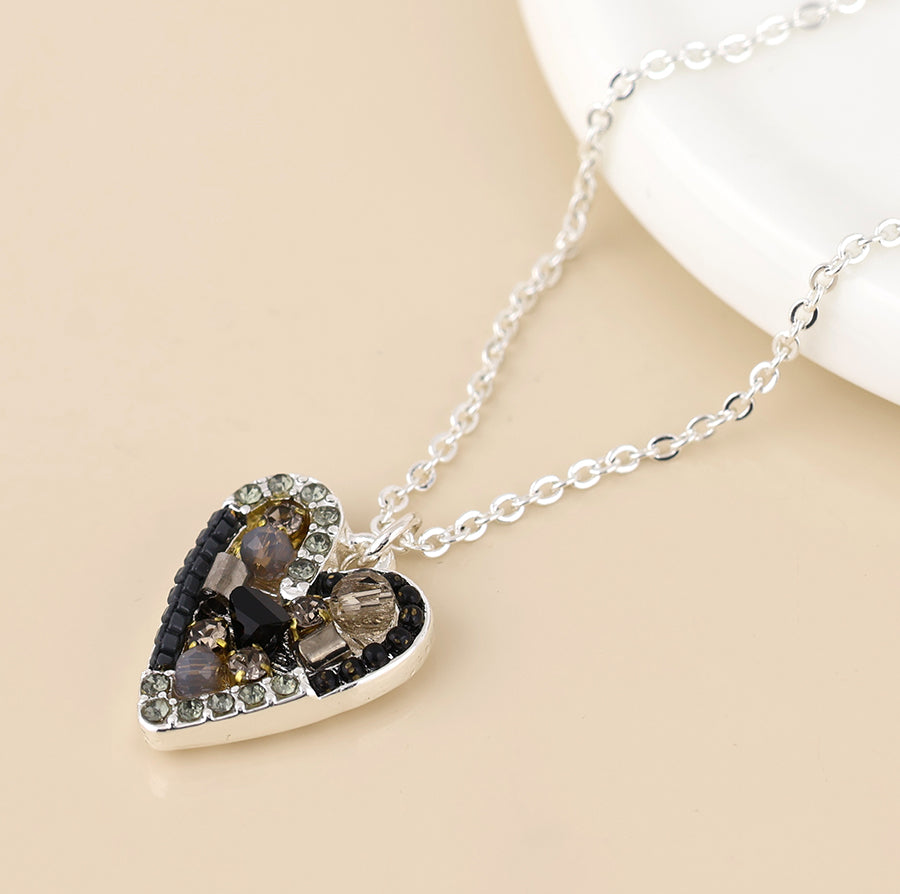 Rebel silver plated black and bronze mosaic crystal heart necklace