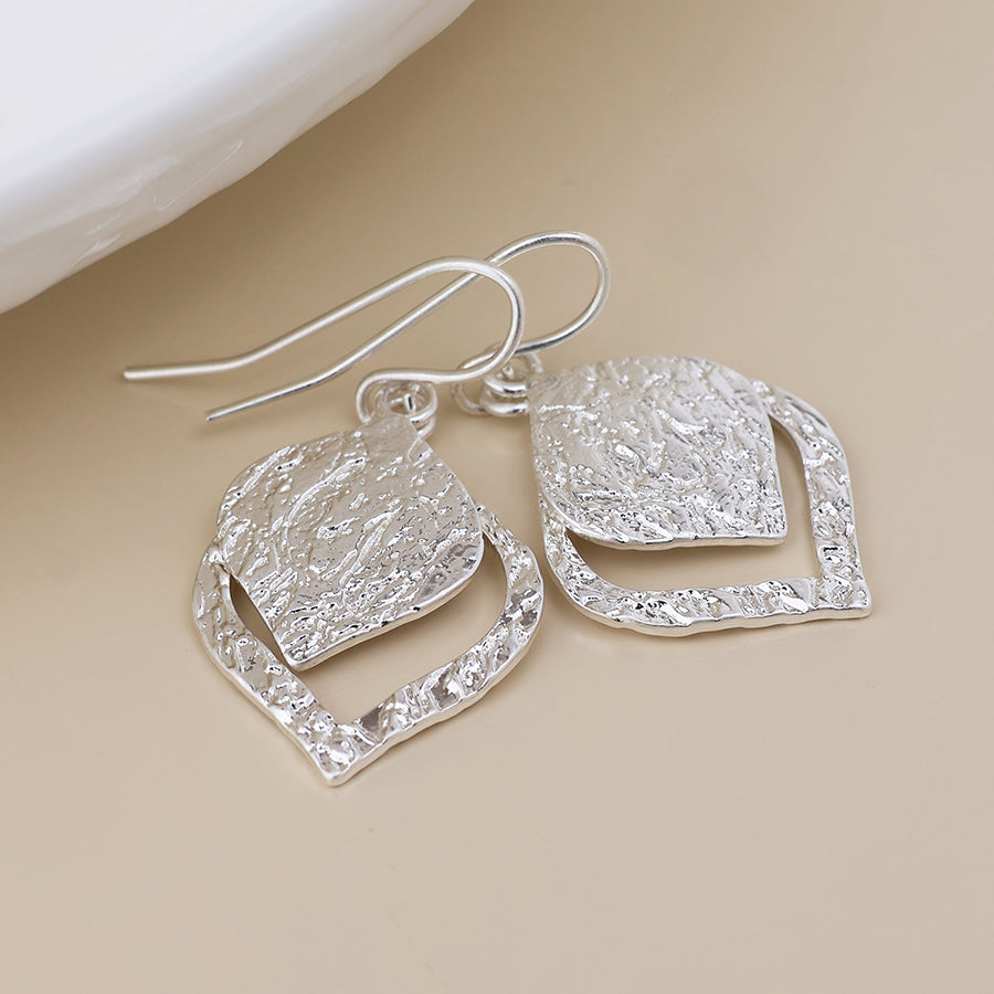 Halo silver plated foil textured layered leaf drop earrings