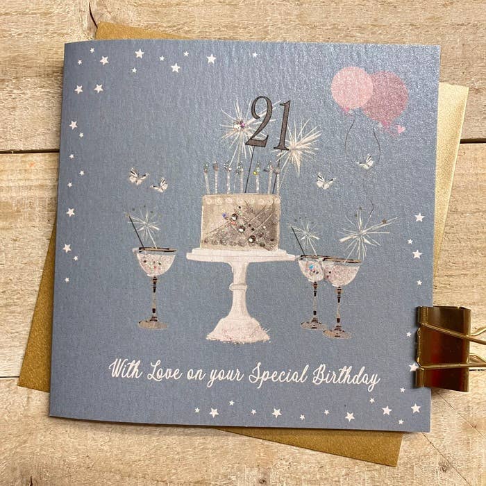 Teal - 21st Birthday Card - Sparkly Cake & Fizzy Champs