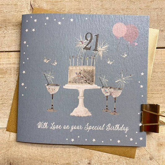 Teal - 21st Birthday Card - Sparkly Cake & Fizzy Champs