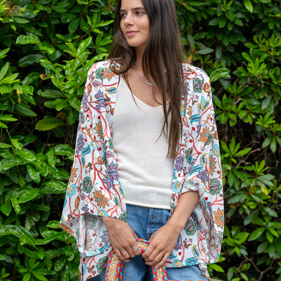 White mix paisley flower print kimono