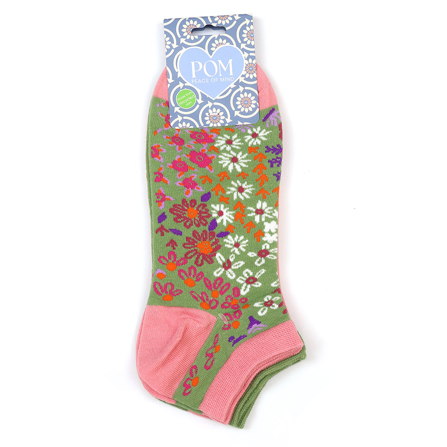 Coral and olive mix blossoms trainer socks duo