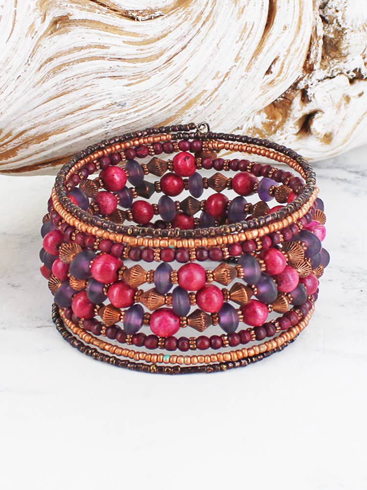 Beaded Spiral Cuff - Pink & Purple Tones