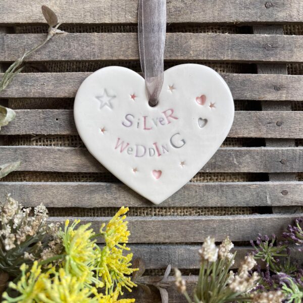 Handmade Hanging Ceramic Heart with Thoughtful Message - 25th Silver Wedding Anniversary