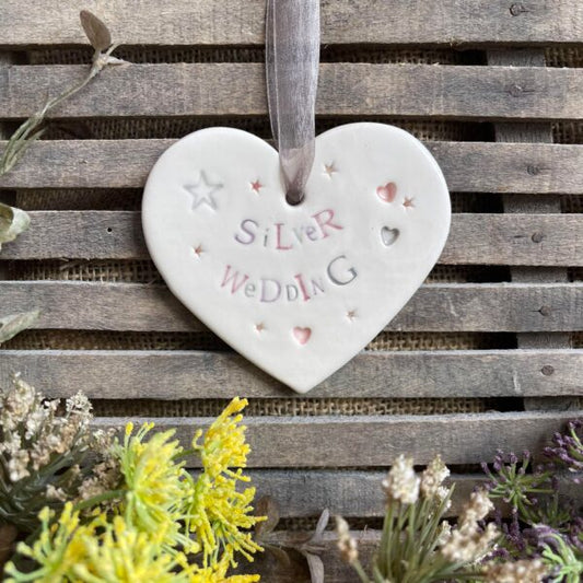 Handmade Hanging Ceramic Heart with Thoughtful Message - 25th Silver Wedding Anniversary
