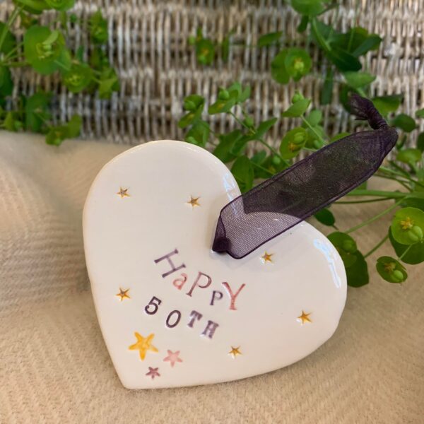 Handmade Hanging Ceramic Heart with Thoughtful Message - 50th Birthday