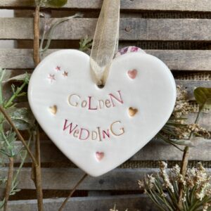 Handmade Hanging Ceramic Heart with Thoughtful Message - 50th Golden Wedding Anniversary
