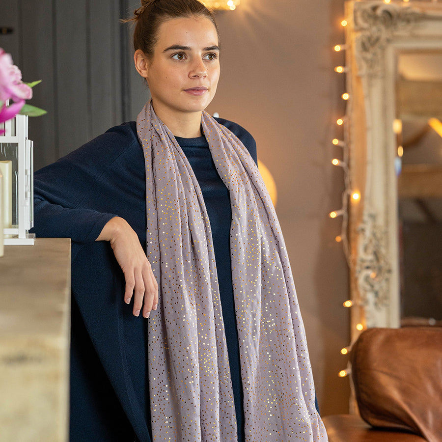 Soft Grey Scarf with Metallic Gold Speckle Print