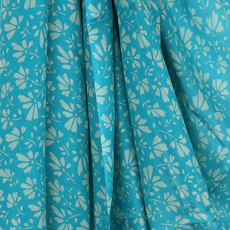 Teal Blue Floral Stencil Print Scarf with Fringe