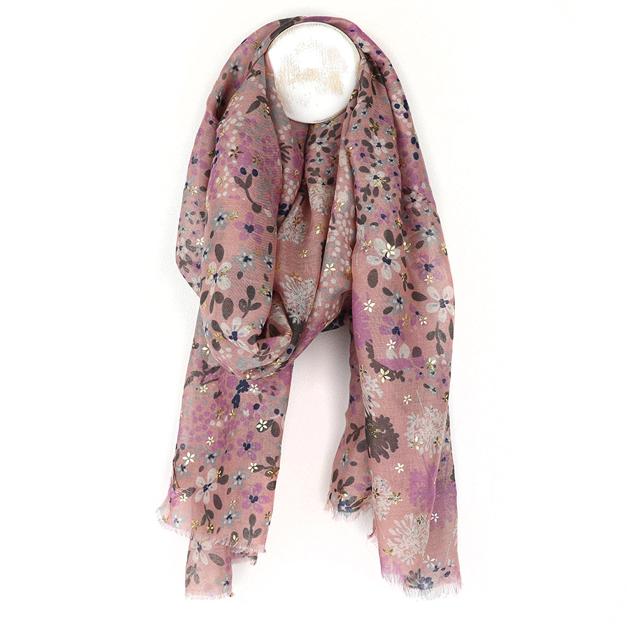 Dusky Pink Floral Print Scarf with Gold Overlay