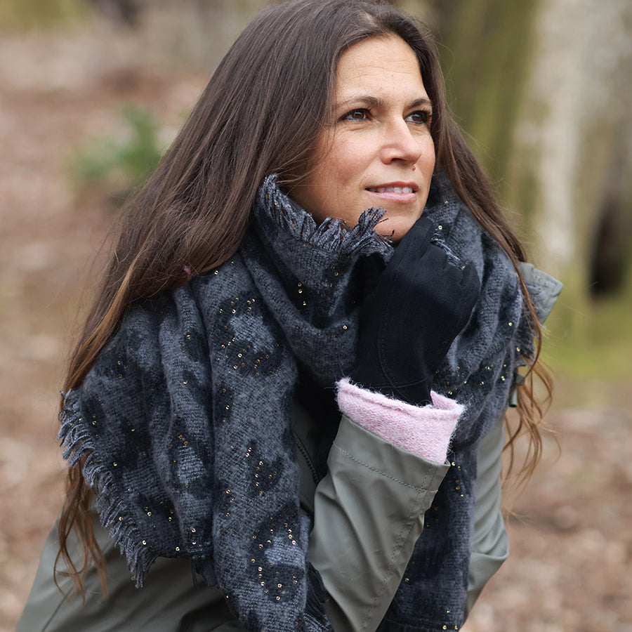 Lottie grey mix animal print sequin scarf with frayed edges