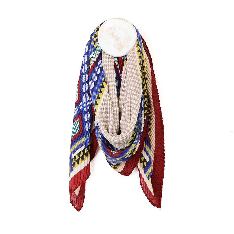Square wine/ecru/blue mix crinkle scarf