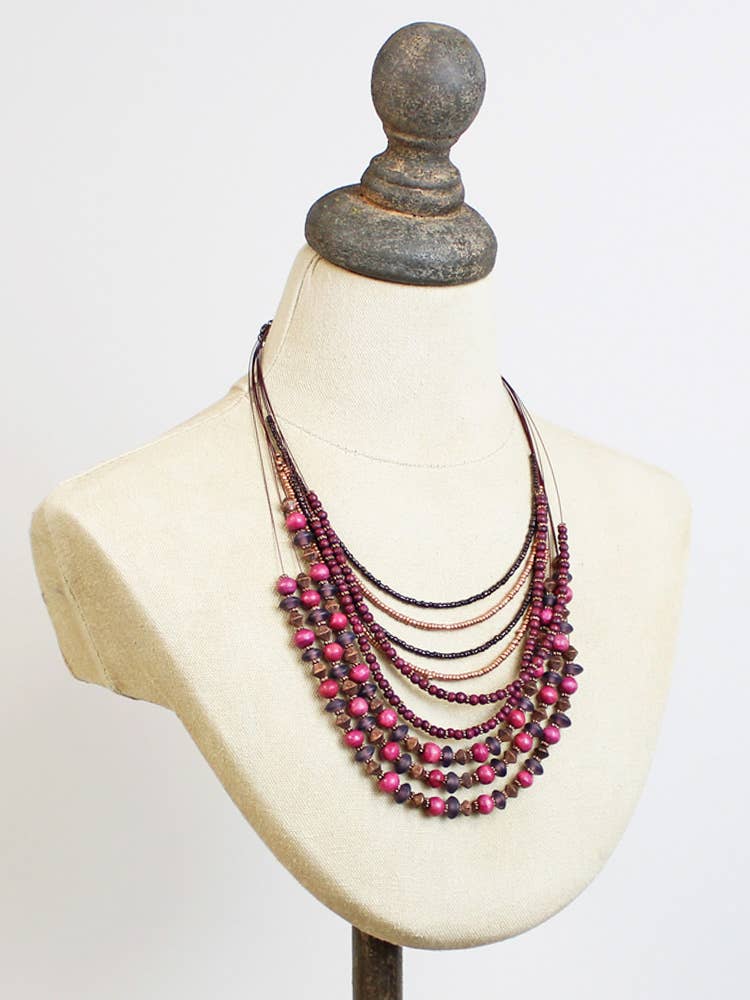 Multi-Strand Layered Bead Necklace - Pink & Purple Tones