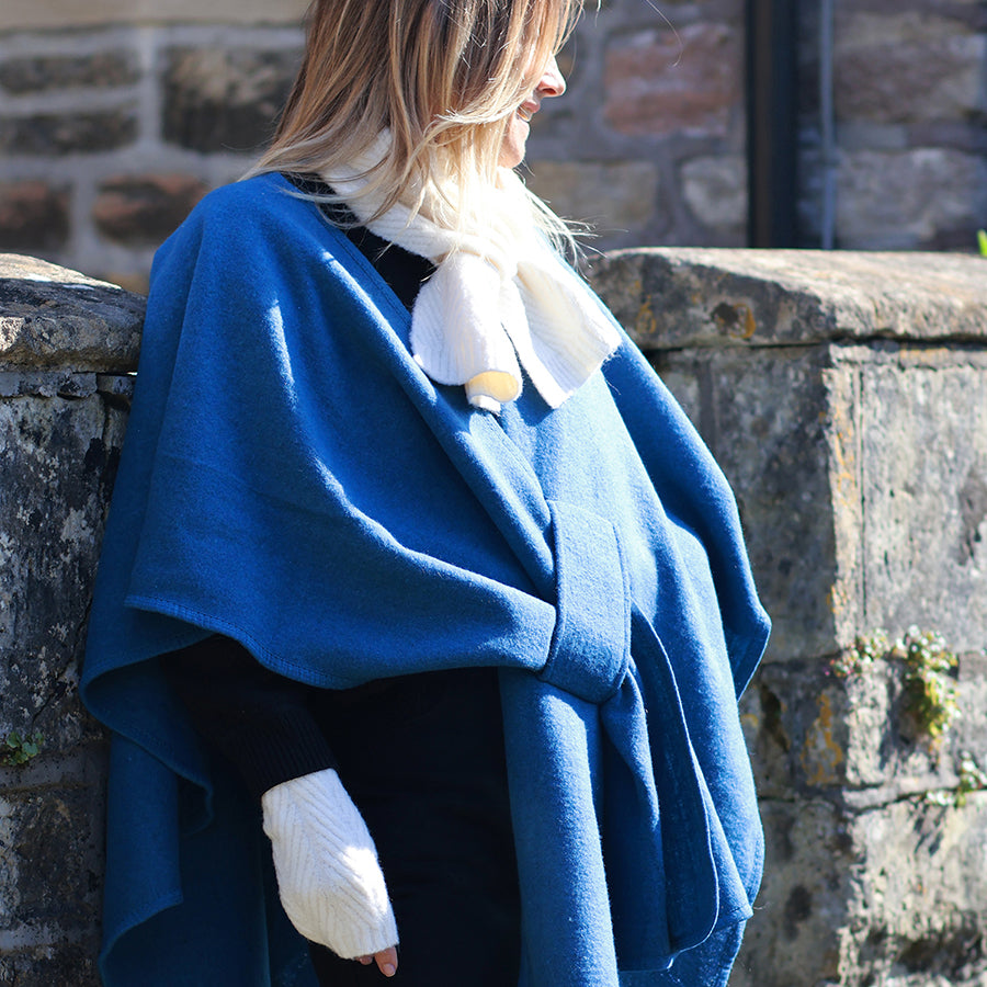 Amelia teal self tie cotton/wool blend poncho
