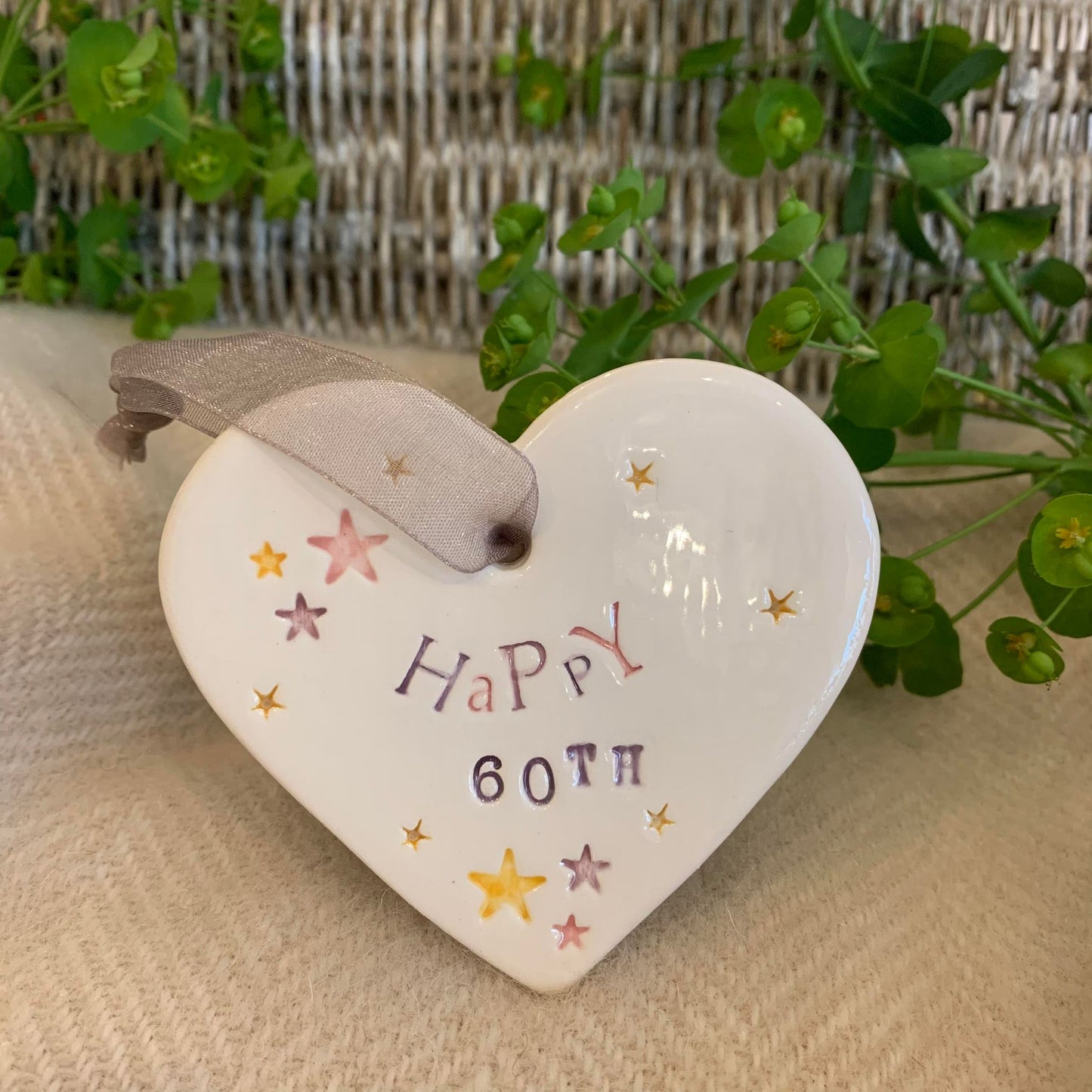 Handmade Hanging Ceramic Heart with Thoughtful Message - 60th Birthday