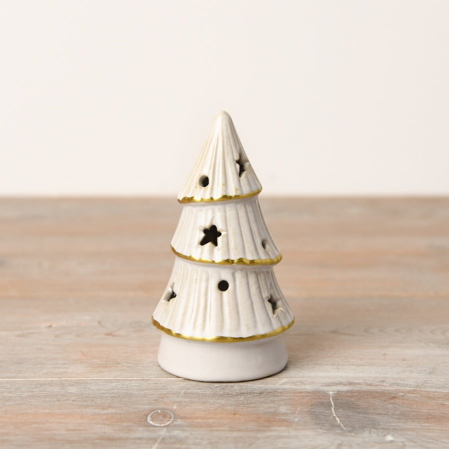 LED Tree Ornament in White Glaze with Gold Trim & Cut-Outs