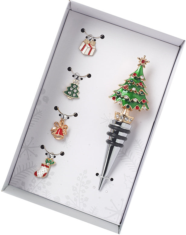 Festive Drink Charms and Christmas Tree Bottle Stopper Set
