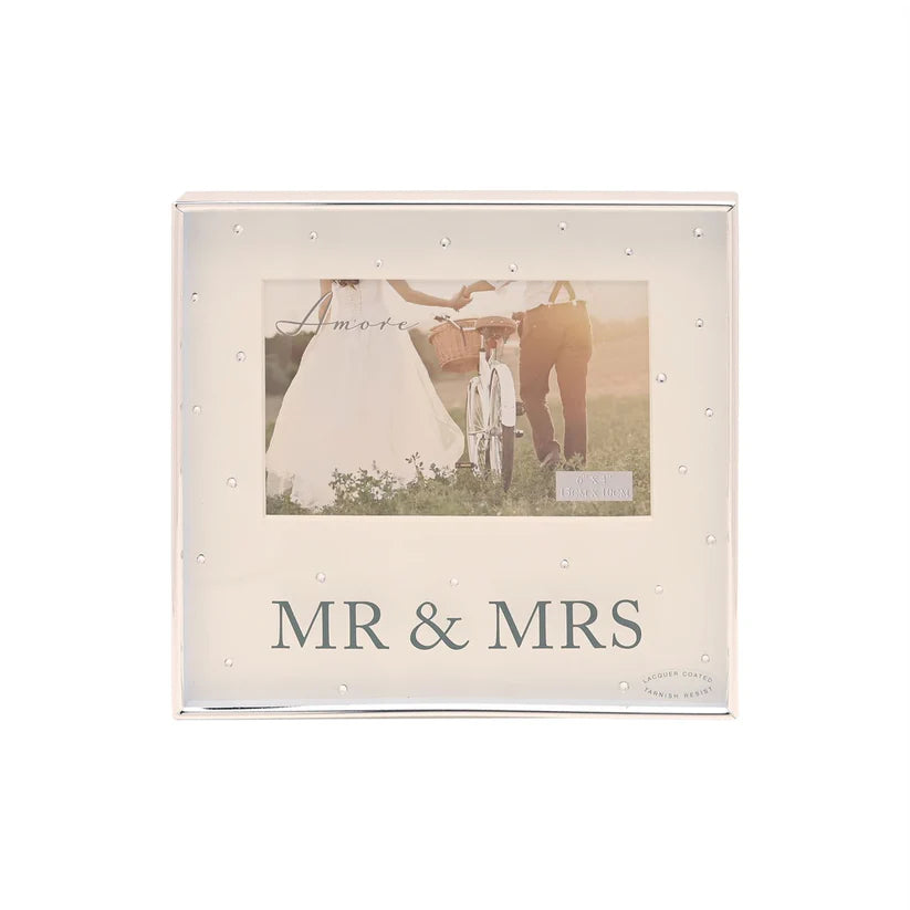 6x4 Silver Plated Mr & Mrs Photo Frame with Crystals – Anniversary, Wedding or Engagement