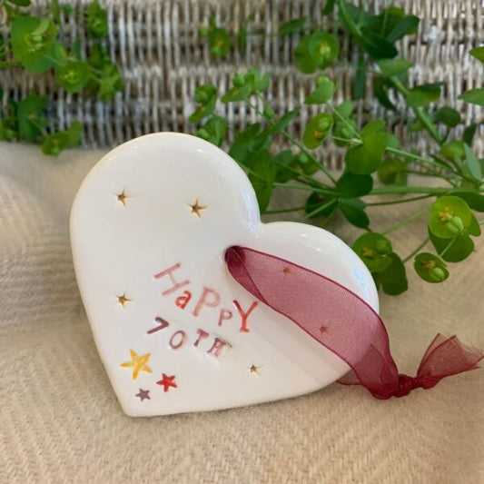Handmade Hanging Ceramic Heart with Thoughtful Message - Happy Birthday 70th