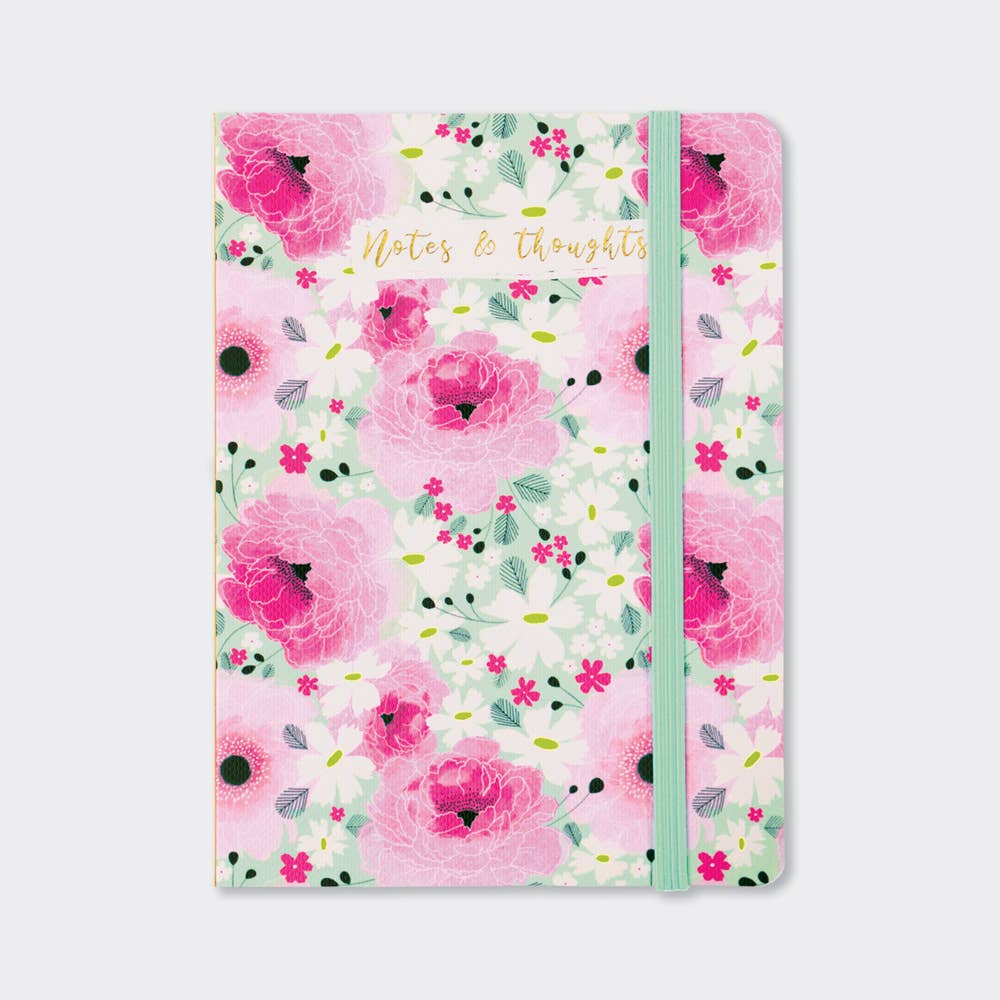 A6 Pink Floral Notebook – Gold Foil ‘Notes & Thoughts’ with Elastic Closure