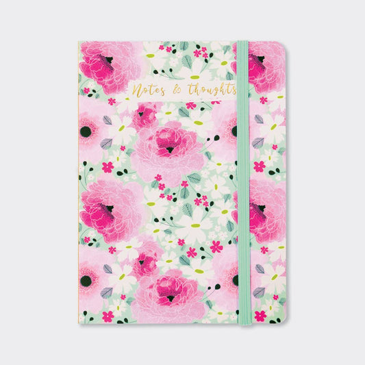 A6 Pink Floral Notebook – Gold Foil ‘Notes & Thoughts’ with Elastic Closure
