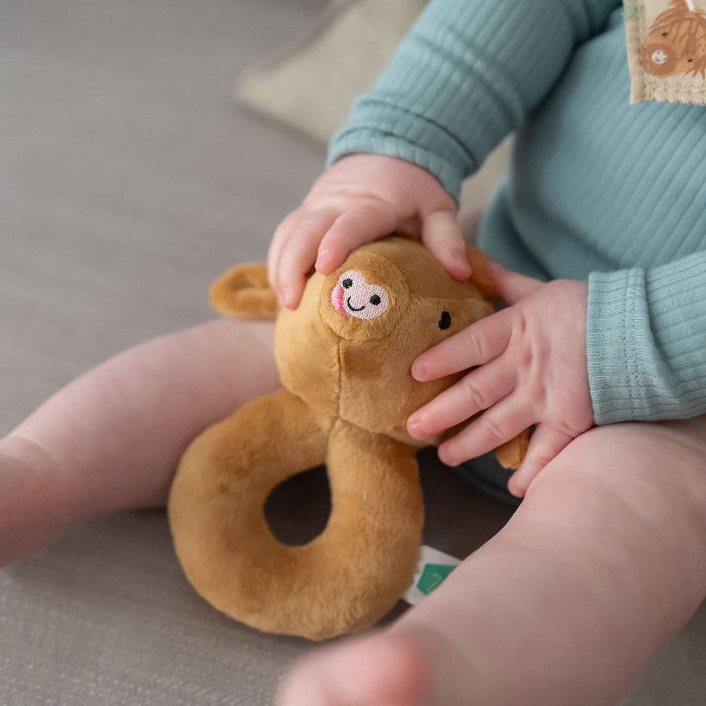 Highland Cow Plush Baby Rattle – Soft Sensory Toy