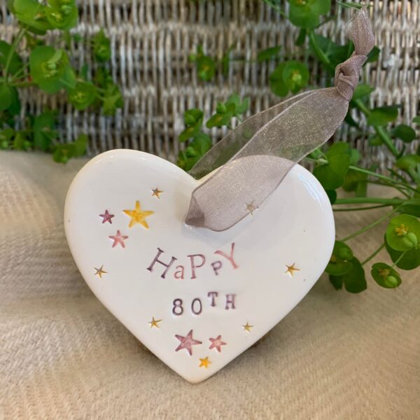 Handmade Hanging Ceramic Heart with Thoughtful Message - 80th Birthday