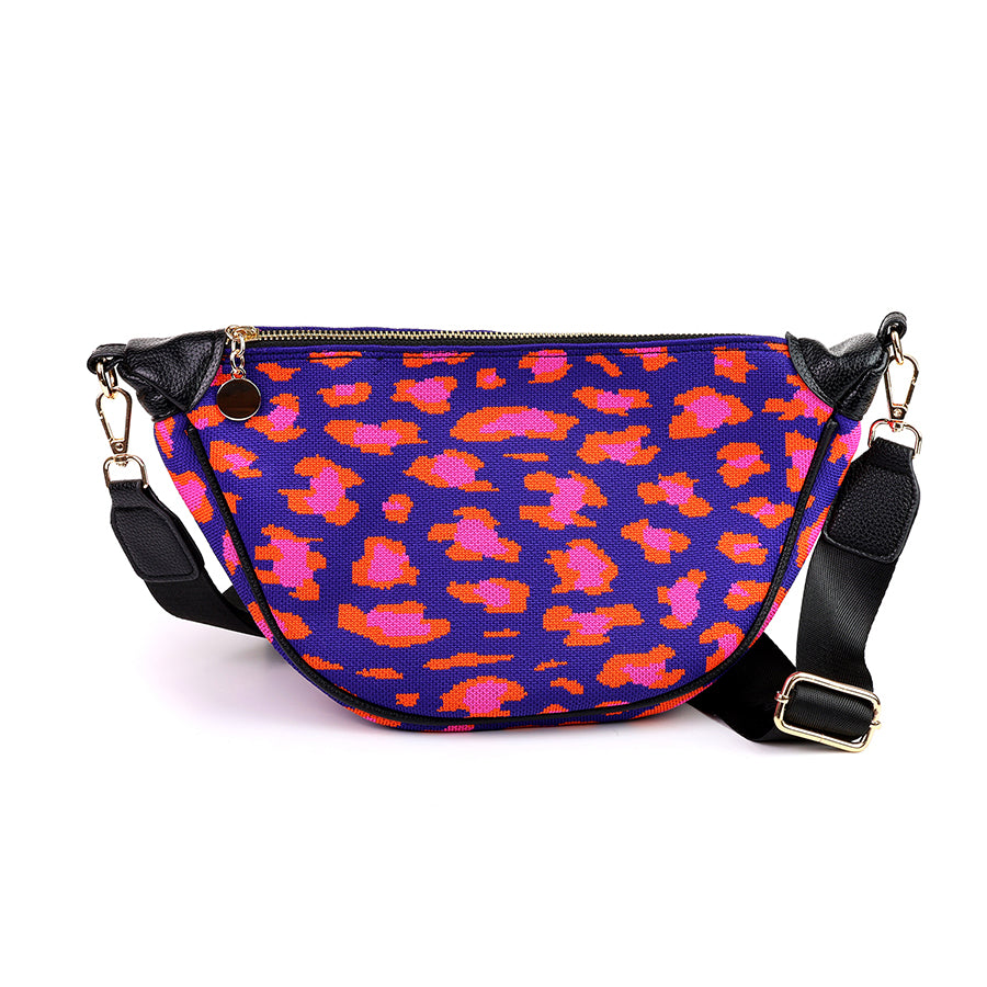 Blue and pink camo print half moon bag