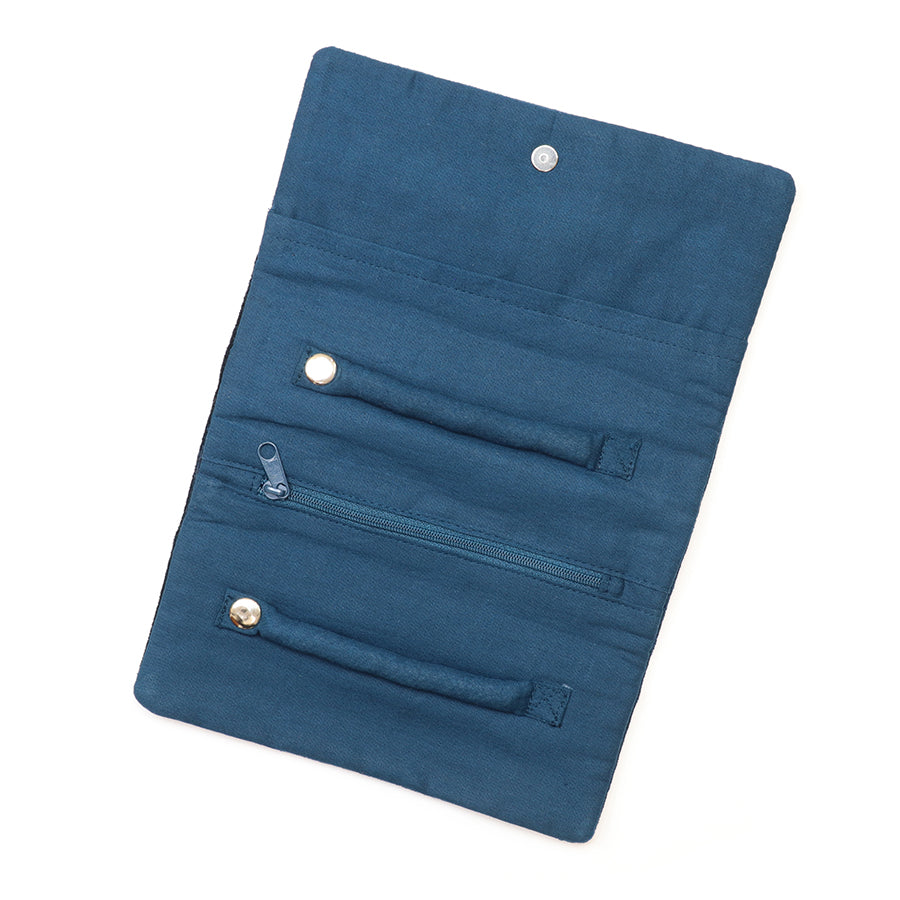 Celestial petrol blue velvet embellished night sky jewellery roll